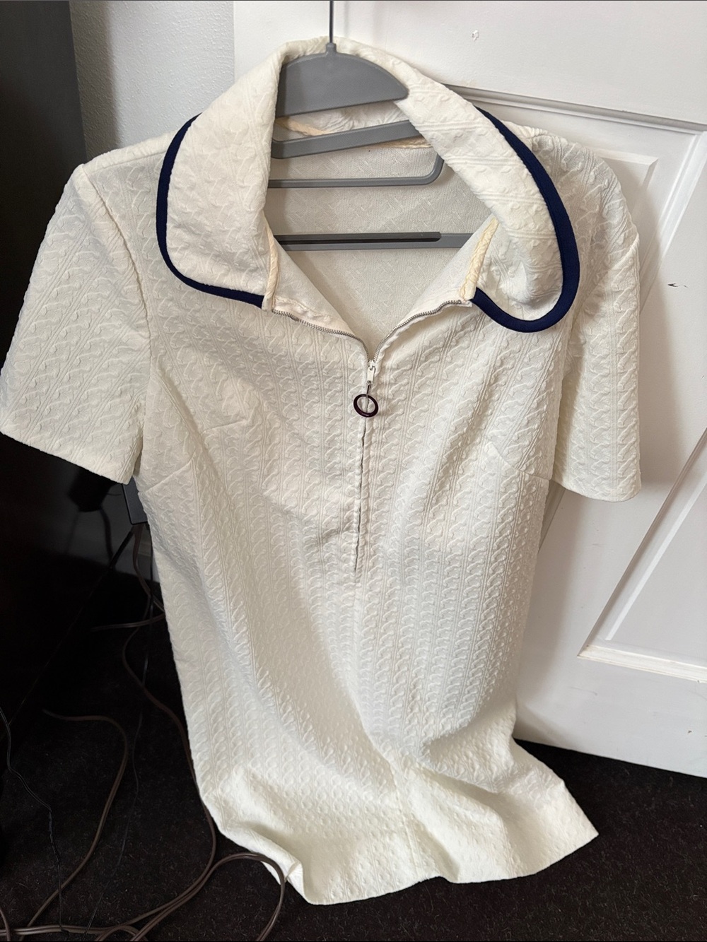 Cream Short-Sleeve Textured Dress with Navy-Trim Collar and Zip